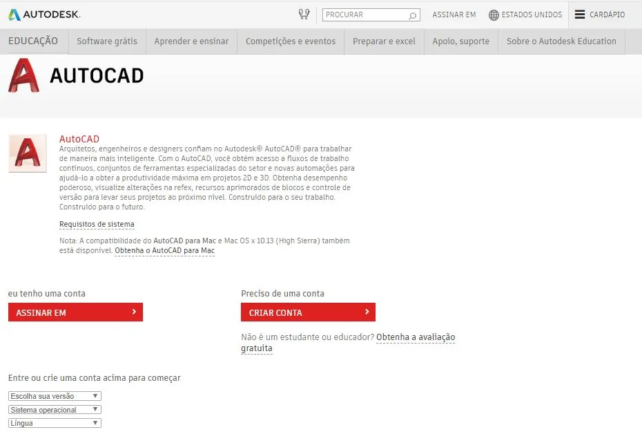 Download de Licenças gratuitas do AutoCAD para estudantes