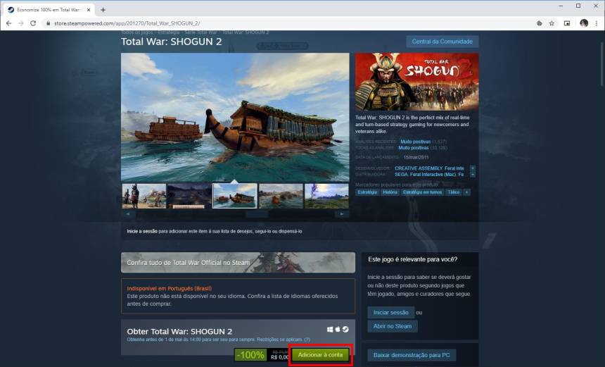 Total War Shogun 2 de graça por tempo limitado